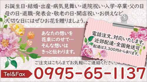 お誕生日・結婚・出産・病気見舞い・退院祝い・入学・卒業・父の日・母の日・退職・発表会・敬老の日・開店祝い・お供えなど、大切な日にはぜひお花を贈りましょう。あなたの想いを花束にのせて…そんな想いはきっと伝わります。ご注文はこちらまでお気軽にご連絡ください。電話注文、対応いたします。近郊配達・全国発送可 配達は3,300円から承ります。Tel&Fax 0995-65-1137